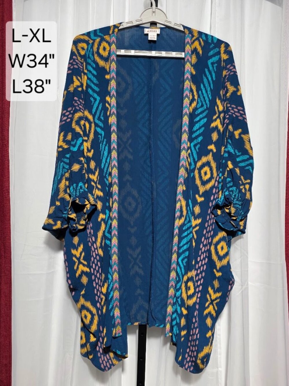 Ariat Kimono Duster Cardigan Womens L-XL Blue Ikat Southwestern Boho Open Front